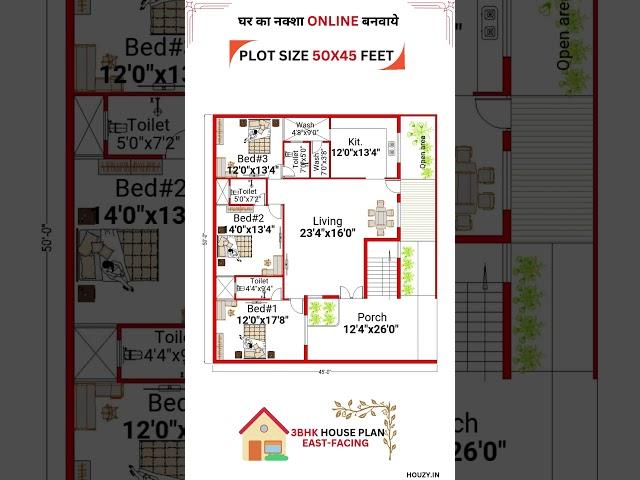 50 x 45 Feet 3BHK HOUSE PLAN|| EAST FACING HOUSE #houzy