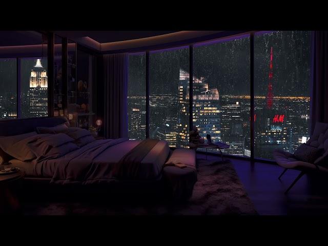 24Hrs Fall Asleep Instantly with Calming Rain Sounds -  Cozy Bedroom With City View - Rain ASMR