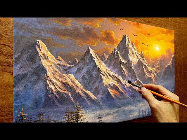 Techniques for drawing mountains - Sunset landscape in the mountains / Acrylic painting / A Lu Art.