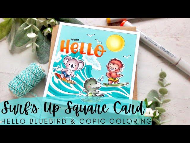 Surf's Up Square Card | Hello Bluebird | Copic Coloring a Surfing Scene