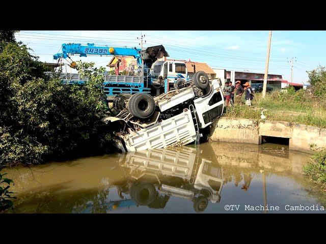 Please Drive Safely!! Dump Truck Fall Overturned Down​ In Water Recovery With Skills CRANE