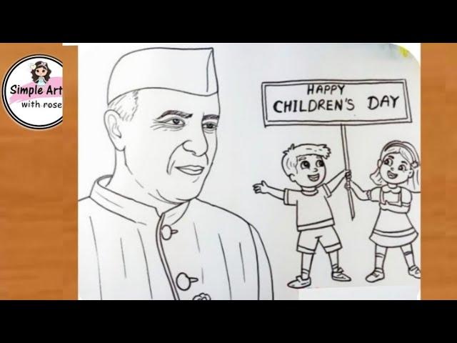 How to draw Jawaharlal Nehru with kids| Children's day drawing| Chachaji drawing| simple art rose|