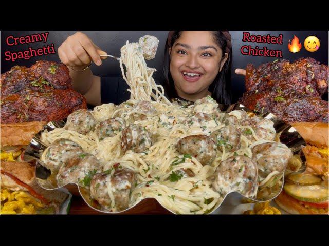 CREAMY WHITE CHICKEN MEATBALL SPAGHETTI WITH SPICY WHOLE ROASTED CHICKEN AND CHICKEN SANDWICHES,ASMR