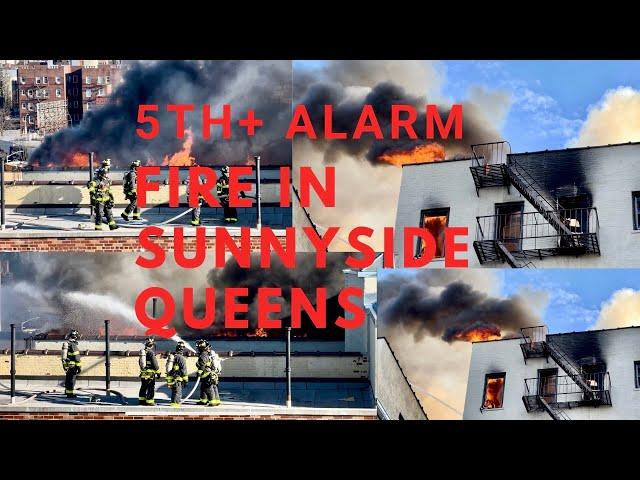 FDNY BATTLE MAJOR 5TH+ ALARM FIRE IN SUNNYSIDE QUEENS (BOX 7254)