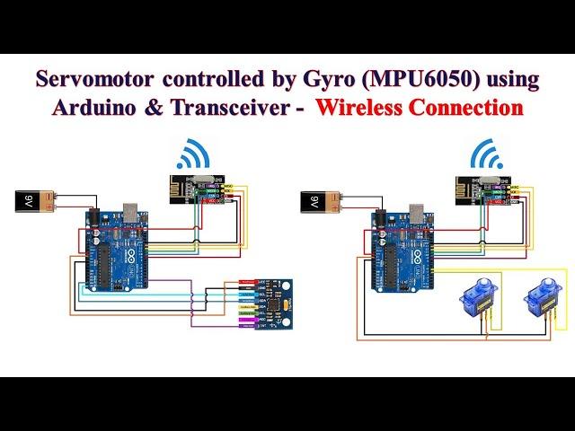 Servomotor controlled by Gyro (MPU6050) using Arduino & Transceiver - Wireless Connection