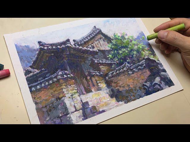 Drawing a Traditional Korean House with an Oil Pastel