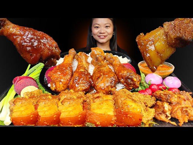 Eating Chicken Adobo With Spicy Pork Curry, Fatty Pork Meat With Rice, Nepali Mukbang, Eating Show