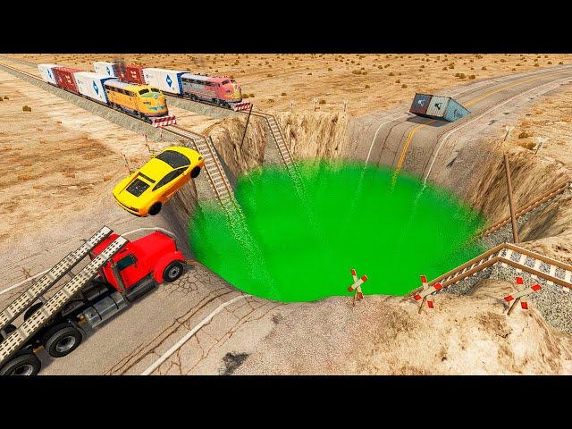 Cars and Ramp Truck vs Huge Pit and Trains - BeamNG.Drive