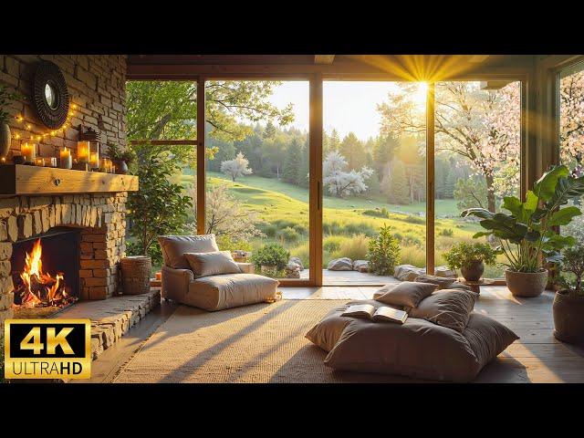 Cozy Spring Cabin Ambience  Smooth Piano Background Music and Fireplace Sounds for Relaxation