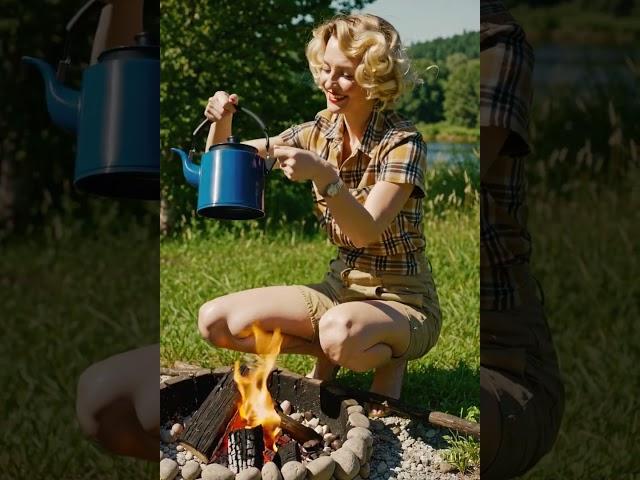 Retro Campfire Bliss #coffee #blonde #camping #campfire #glamour #rustic  #summer