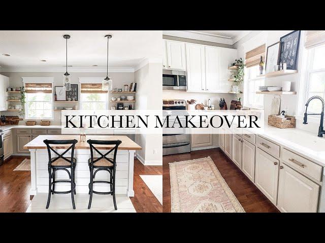 Complete Kitchen Makeover - Painted Cabinets, DIY Kitchen Island, Floor Inlay, Floating Shelves