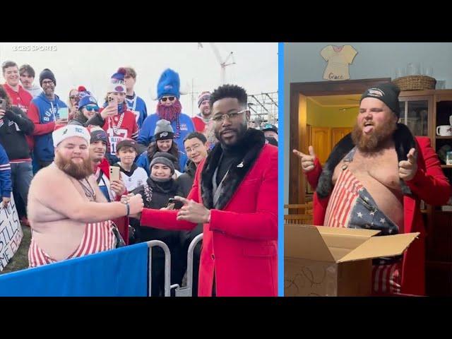 Buffalo Bills fan known as 'Big Sexy' receives Nate Burleson's jacket after viral bet before game