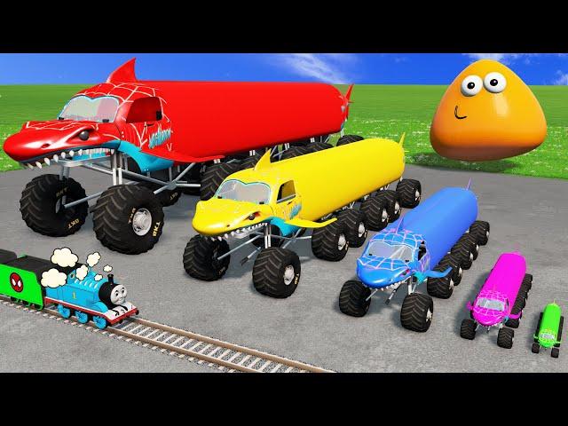 5 MONSTER TRUCKS vs Big & Small: McQueen with Spinner Wheels and Thomas Train - BeamNG.Drive