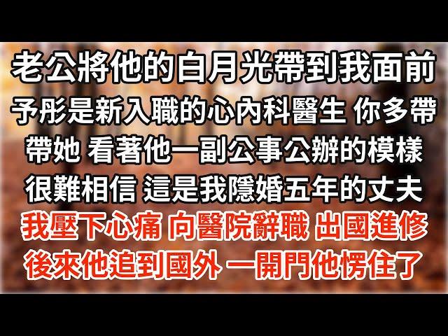 老公將他的白月光帶到我面前：「予彤是新入職的心內科醫生，你多帶帶她。」看著他一副公事公辦的模樣，很難相信，這是我隱婚五年的丈夫。我壓下心痛，向醫院辭職，出國進修。後來他追到國外，我一開門他愣住了