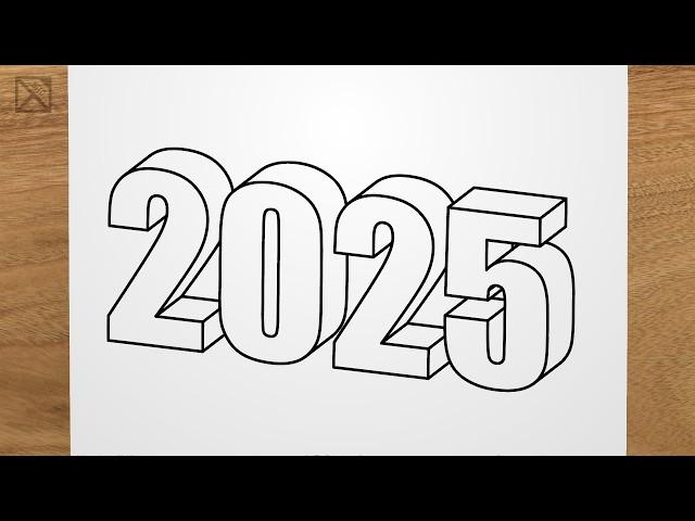 How to draw 2025 in 3D step by step, EASY