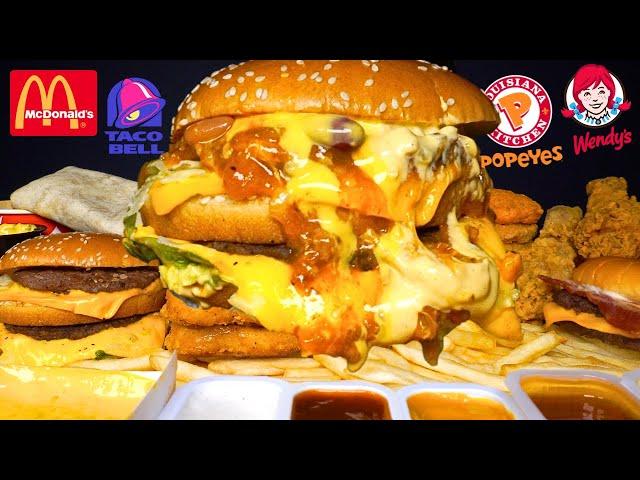 ASMR MUKBANG EXTRA BIG MAC MCDONALDS POPEYES WENDYS & TACO BELL | WITH CHEESE | Fast Food Mukbang