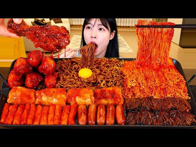 ASMR MUKBANG| Fire spicy Black bean Mushrooms. Fire Noodles, Seasoned Chicken, Sausage.