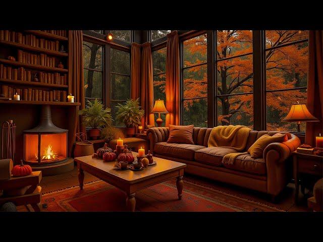 Cozy Reading Nook Ambience Fall Jazz Music with Crackling Fire and Rainy Sounds for Productive Work