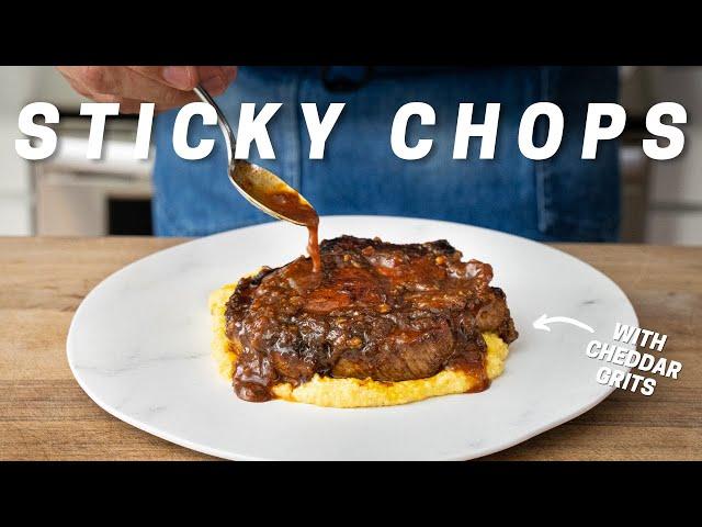 JUICY GLAZED PORK CHOPS & CHEESY GRITS