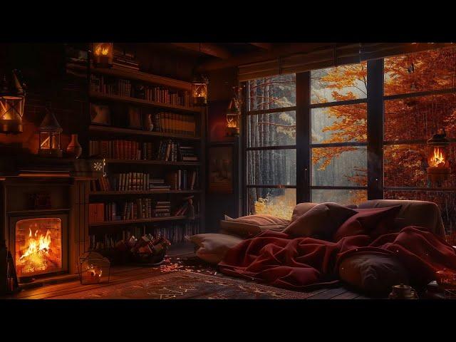 Peaceful Autumn Evening Fireplace and Gentle Rain ️ Smooth Jazz at A Cozy Reading Nook Ambience