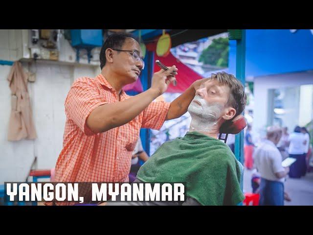  Wet Shave At Colorful Local Neighborhood Street Barber Shop | Yangon Myanmar