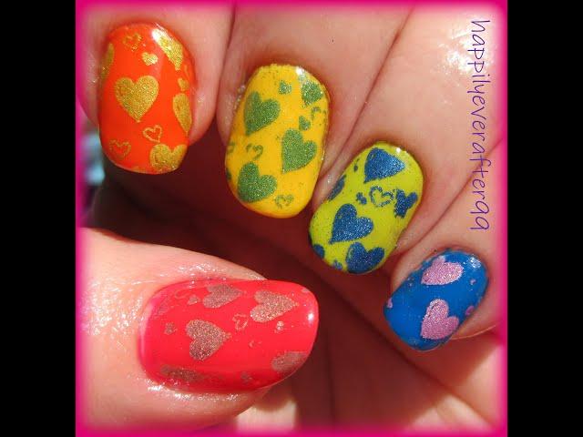 Rainbow Hearts Nail Art Stamping with Chrome Nail Art Powders using BM-H18 #nailart #nailstamping