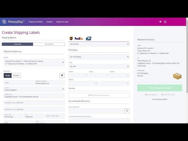 Creating an international shipping label in PitneyShip