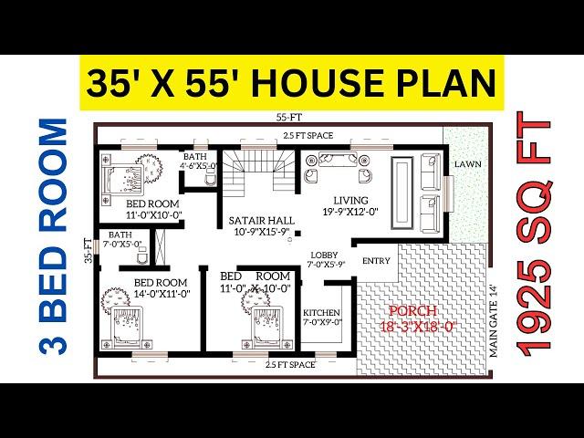 35'X55' FEET HOUSE PLAN || 3BHK ||1925 SQFT 215 GAJ || LAYOUT PLAN