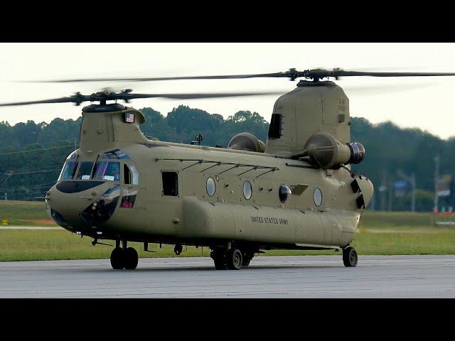 Army CH-47F Chinook up-close:Engine Start, Taxing and Takeoff