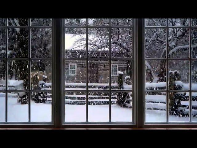 Cozy Winter Ambience | Winter Window Snow Scene Snow and Fireplace - ASMR