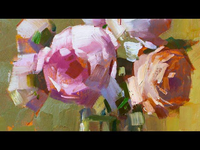 We draw a bouquet of flowers, roses in large strokes. Oil painting