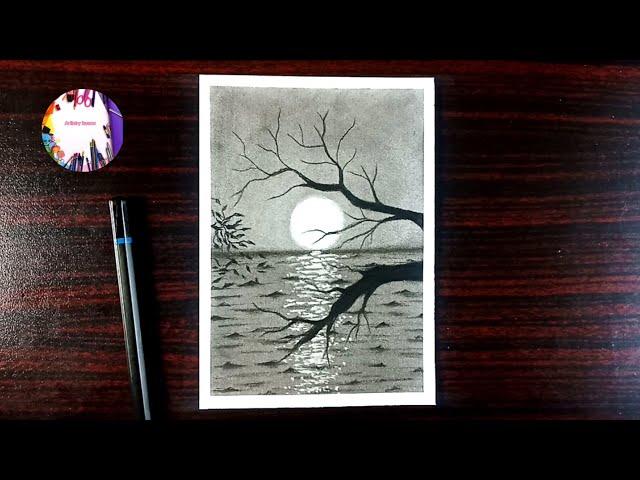 How to Draw Moonlight Night with pencil step by step, Pencil Drawing for Beginners