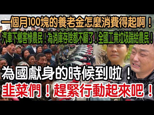 韭菜們！趕緊行動起來吧！為國獻身的時候到啦！汽車下鄉害慘農民！為消庫存啥都不顧了！全國工業垃圾踹給農民！一個月100塊的養老金怎麼消費得起啊！