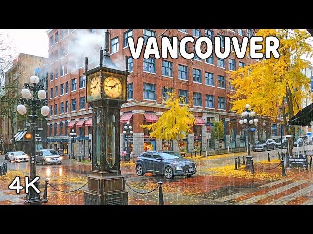  【4K】️️️ Heavy Rain in Downtown Vancouver BC, Canada. Relaxing Walk.