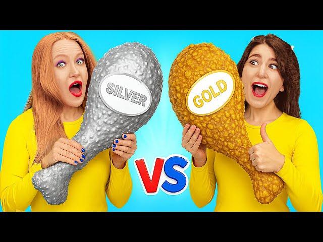 NEW 123GO! AMAZING COLOR FOOD CHALLENGE!  Gold vs Silver Plates 