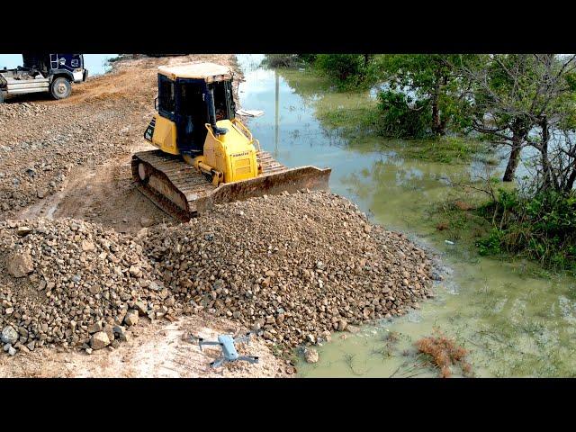 Extreme Bulldozer Pushing Backfilling UP To Prevent Flood | KOMATs'u DR51PX Spreading Stone