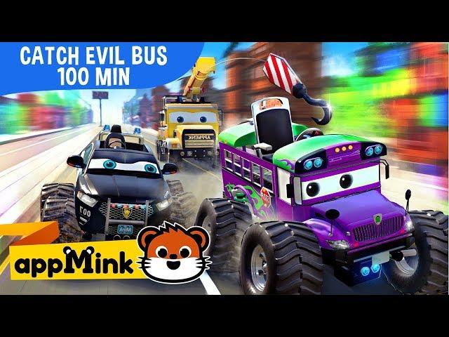 appMink car animation – Fun Cartoon with Police Car, Fire Truck and Helicopter catching Evil Bus