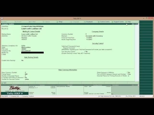 How to create a Company in Tally 9