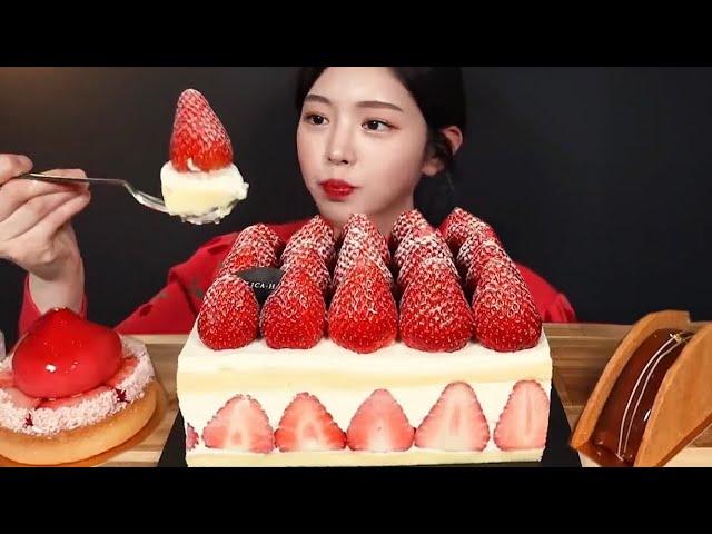 SUB)Strawberry Cake Mukbang ASMR on 2nd Anniversary Celebration Eating Sounds