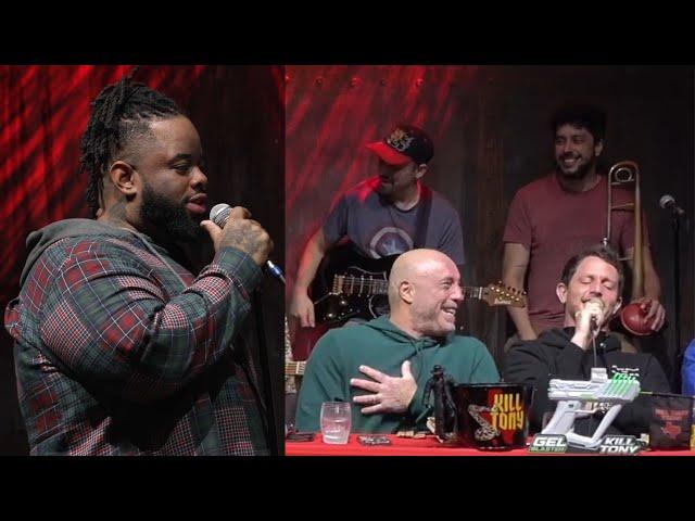 Joe Rogan laughing at David Lucas and Tony Hinchcliffe roast battle