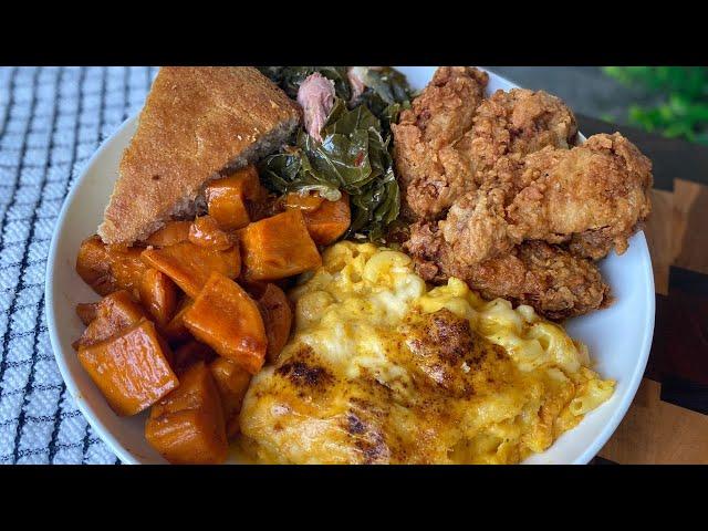 SOUL FOOD THE RIGHT WAY! Rum Candied Yams, Spicy Mac & Cheese,  Fried Chicken, Greens, Cornbread