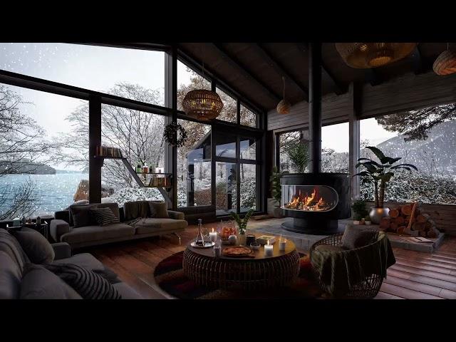 Cozy Cabin in the middle of nature, falling snow by the sea with crackling fire