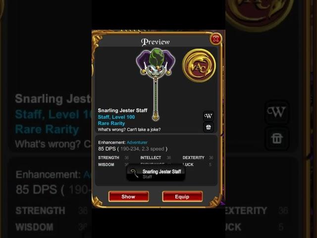 AQW NEW CORNHOLIO JESTER RARE STAFF GIFTS /JOIN UBEAR