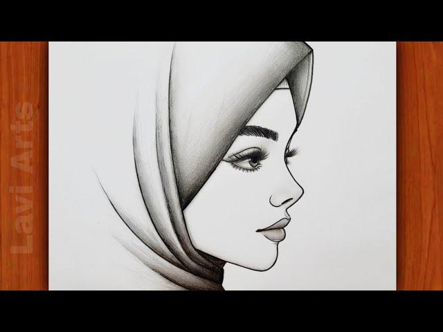 How to Draw beautiful Girl Side face Easy pencil drawing | Beautiful hijab Girl drawing | Pencil