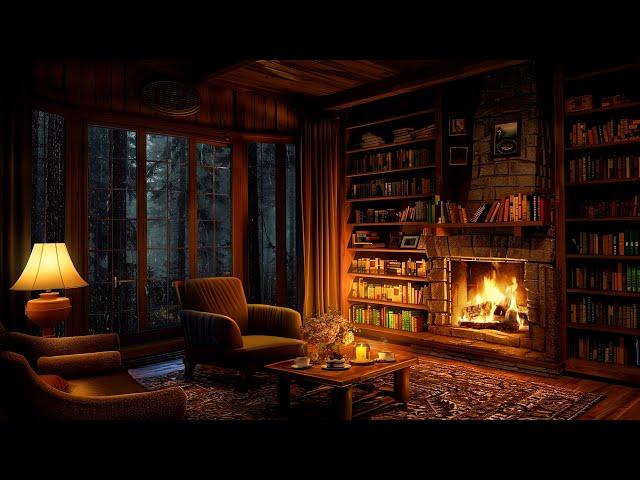 Cozy Reading Nook Ambience  Soft Jazz with Crackling Fireplace and Rain Sounds For Sleeping