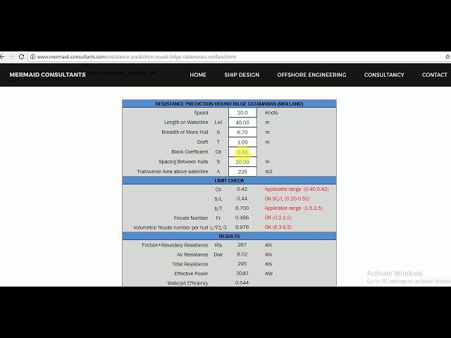 Round Bilge catamaran  resistance calculation by Moller method