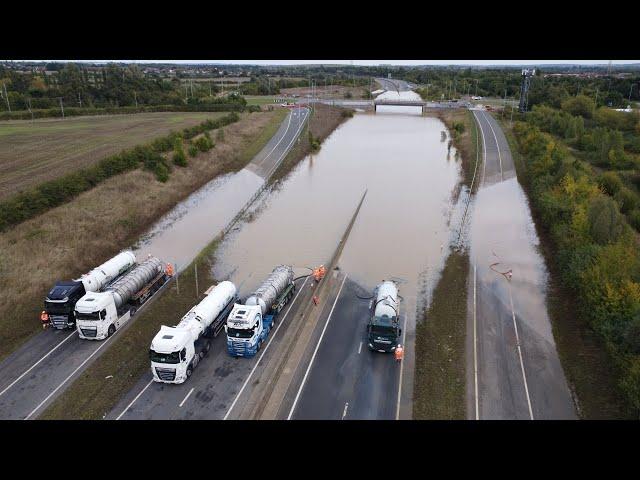 Flooded A421 between the M1 and A1 in Bedfordshire after storms batter UK