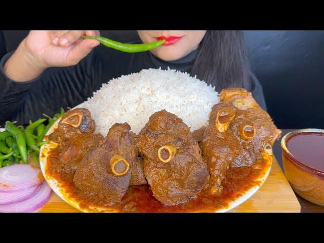 ASMR EATING SPICY MUTTON CURRY,LONG WHITE RICE,GREEN CHILLI *SPICY