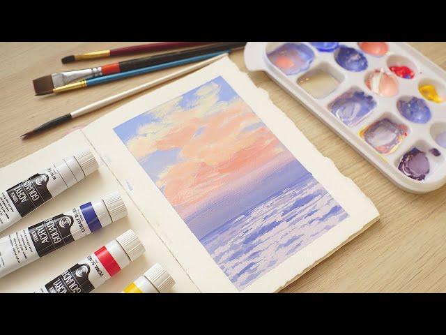 4가지 색 아크릴 과슈 물감으로 파스텔톤 풍경 일러스트 그리기 | Gouache Painting step by step