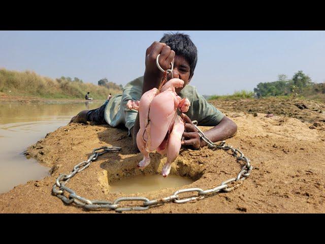 Big Monster fish Hunting in river fish hole boy catching giant fish with whole chicken. #fishing